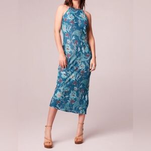 NWT Band of the Free Size Small Audette Teal Blue Floral Halter Midi Slip Dress